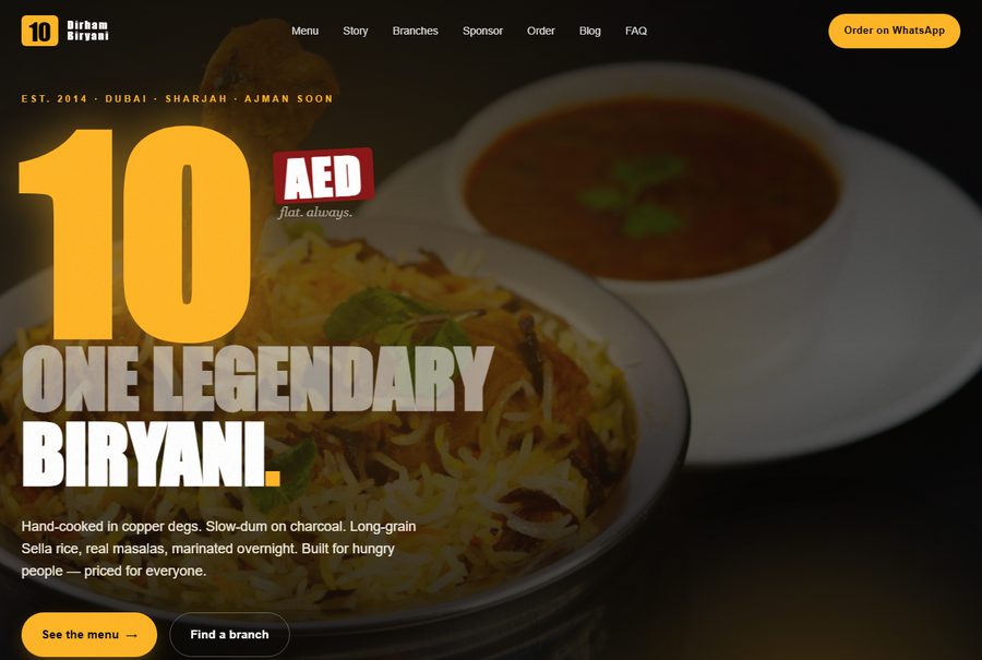 10 Dirham Biryani — value biryani restaurant website, Dubai